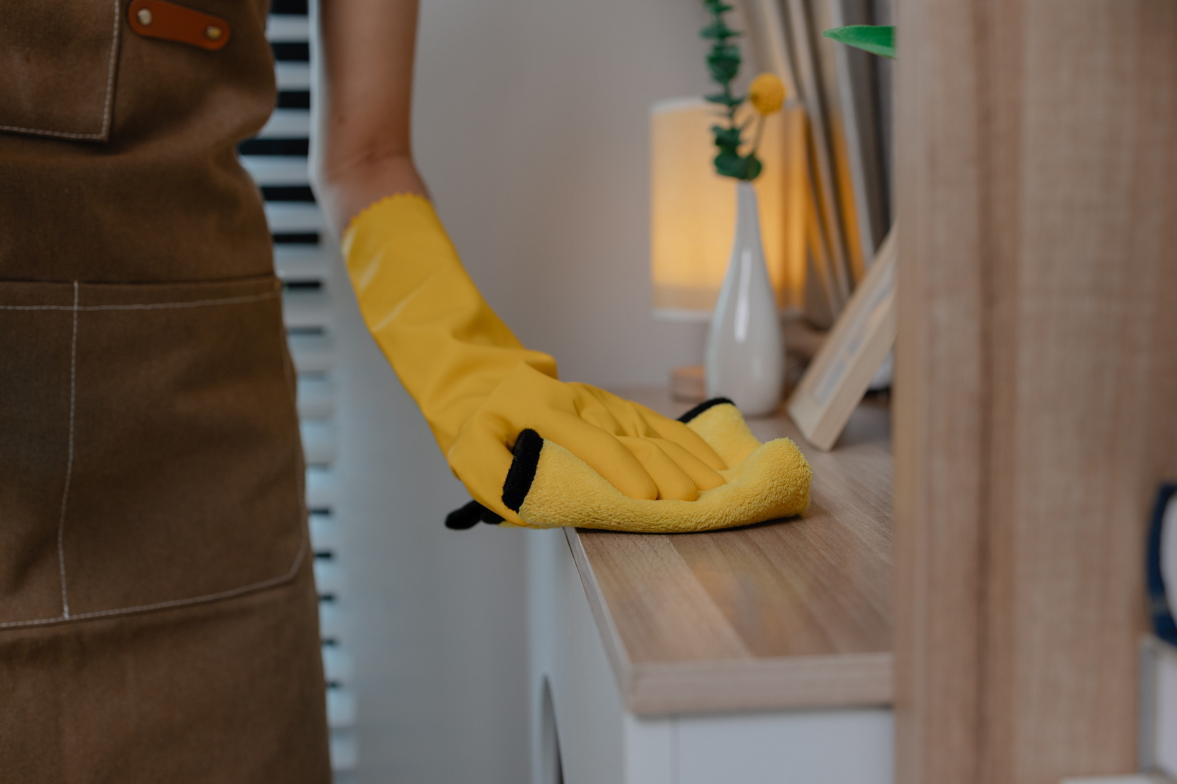 Young female house keeper cleaning